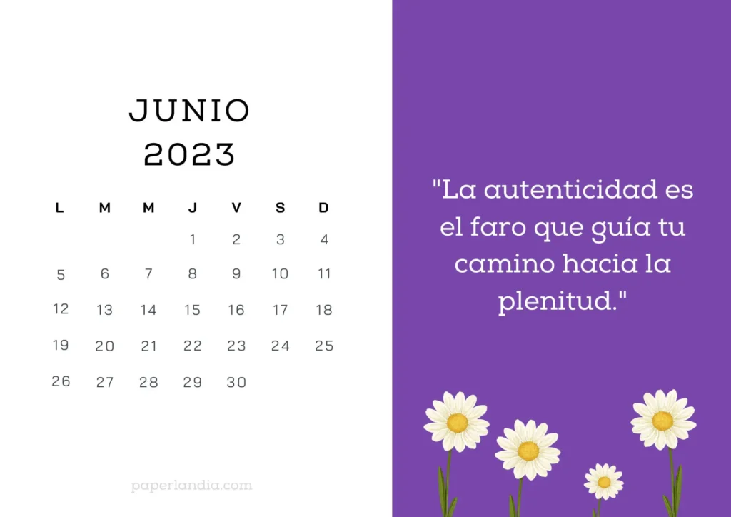 Calendario junio 2023 horizontal motivacional con fondo morado y margaritas para descargar gratis en pdf