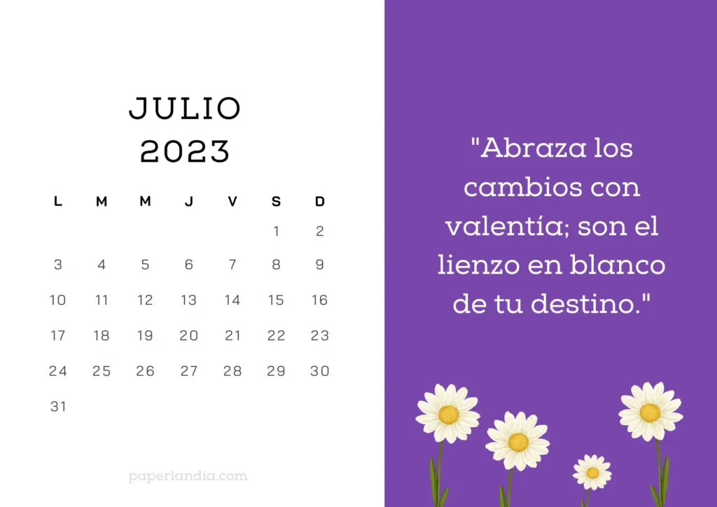 Calendario julio 2023 horizontal motivacional con fondo morado y margaritas para descargar gratis en pdf