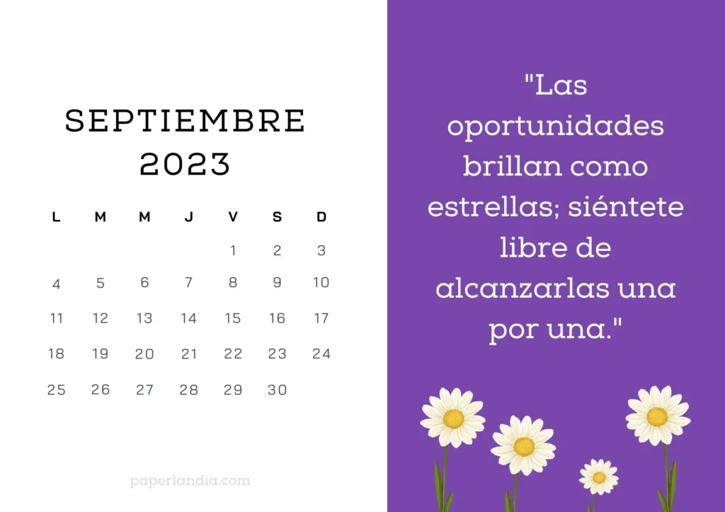 Calendario septiembre 2023 horizontal motivacional con fondo morado y margaritas para descargar gratis en pdf