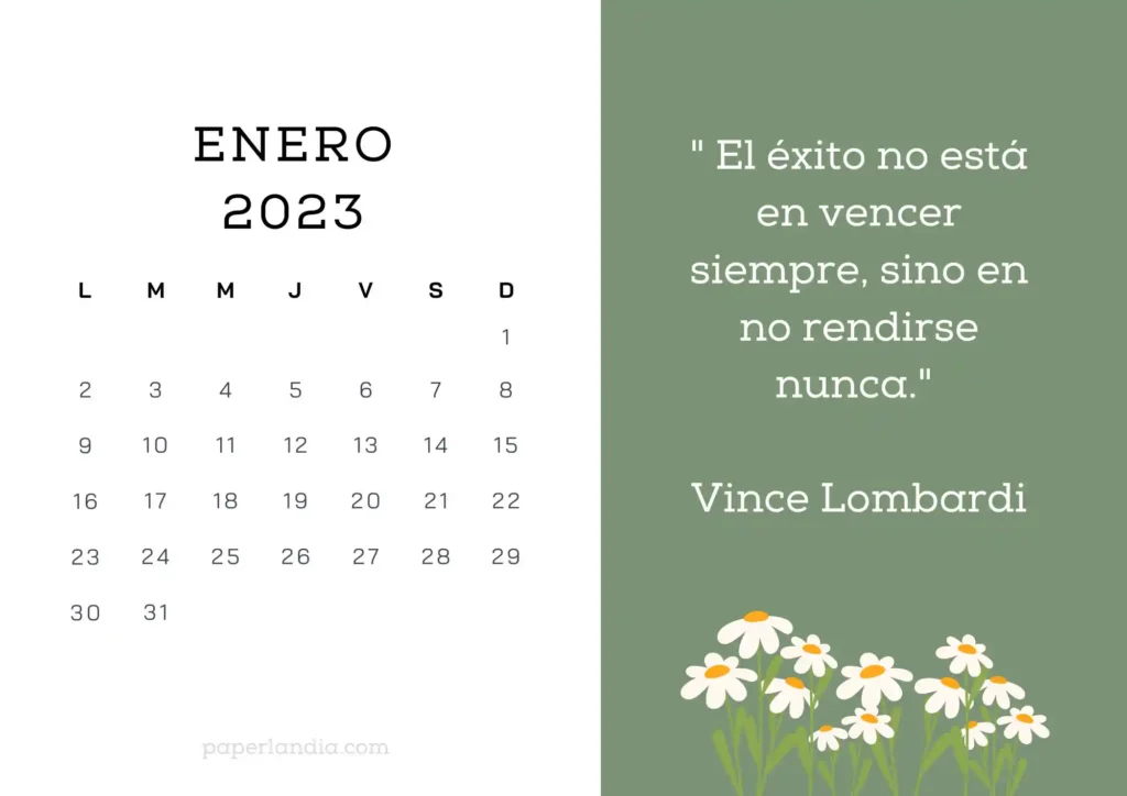 Calendario enero 2023 horizontal motivacional, fondo verde con margaritas