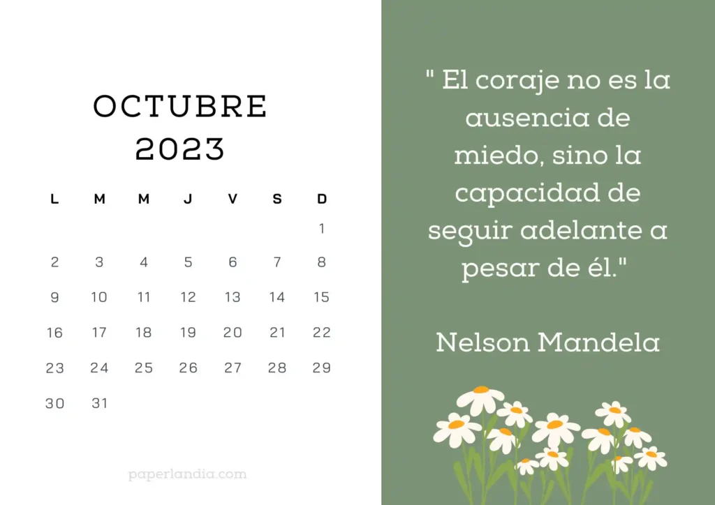 Calendario octubre 2023 horizontal motivacional, fondo verde con margaritas