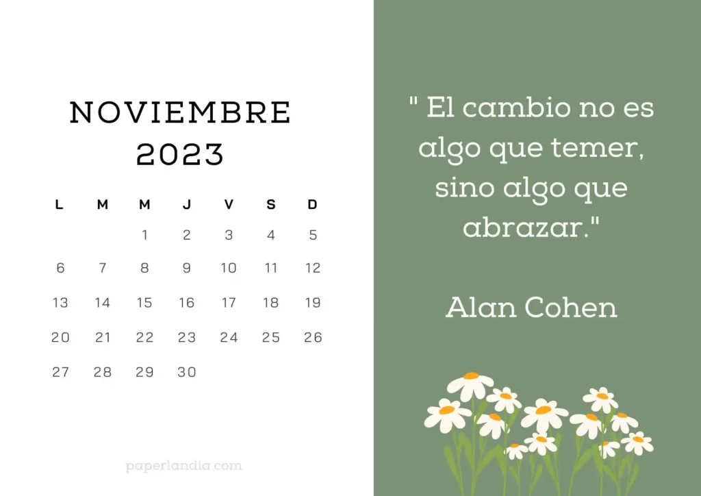 Calendario noviembre 2023 horizontal motivacional, fondo verde con margaritas