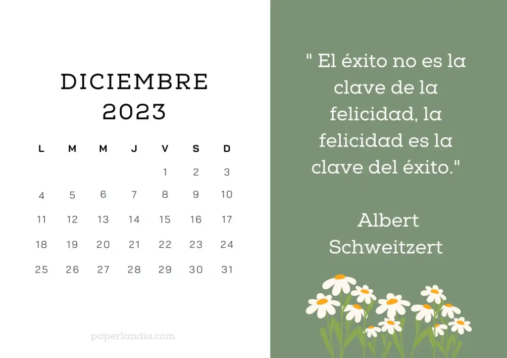 Calendario mensual horizontal motivacional con margaritas y fondo verde