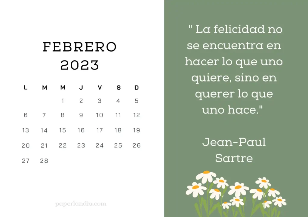 Calendario febrero 2023 horizontal motivacional, fondo verde con margaritas