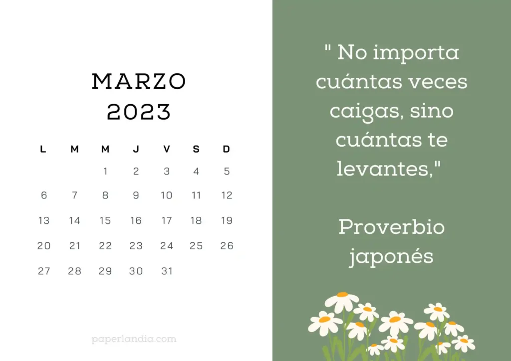 Calendario marzo 2023 horizontal motivacional, fondo verde con margaritas