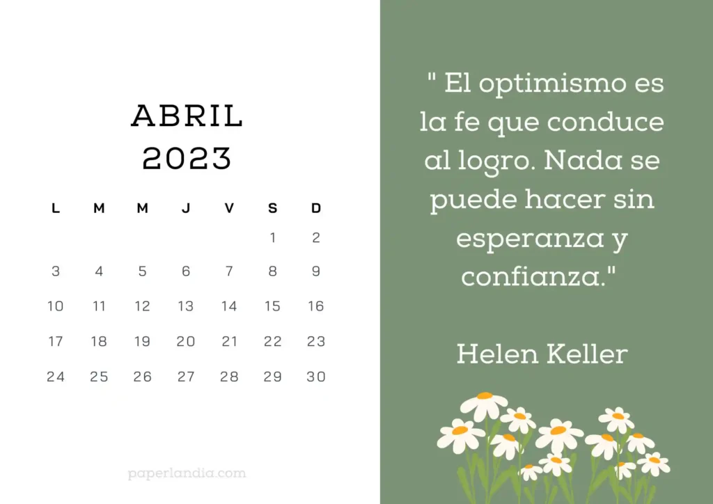 Calendario abril 2023 horizontal motivacional, fondo verde con margaritas