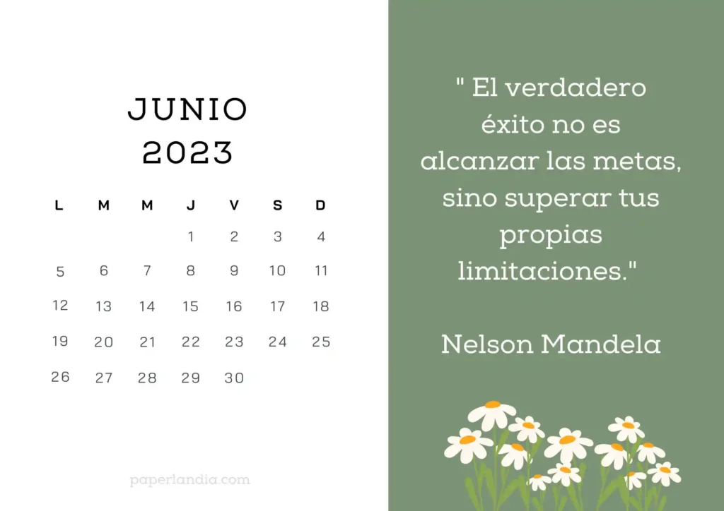 Calendario junio 2023 horizontal motivacional, fondo verde con margaritas