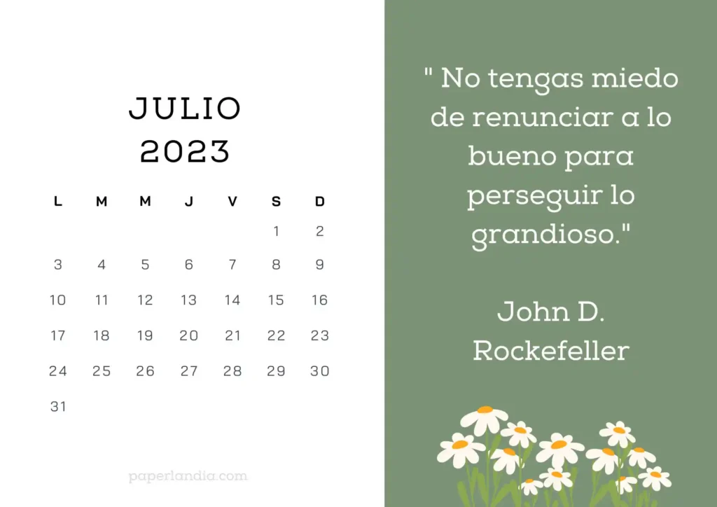 Calendario julio 2023 horizontal motivacional, fondo verde con margaritas