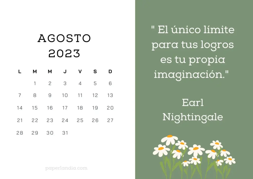 Calendario agosto 2023 horizontal motivacional, fondo verde con margaritas