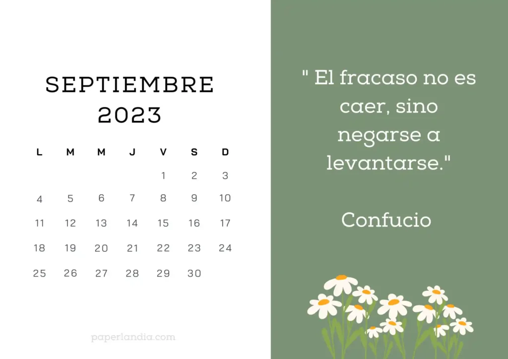 Calendario septiembre 2023 horizontal motivacional, fondo verde con margaritas