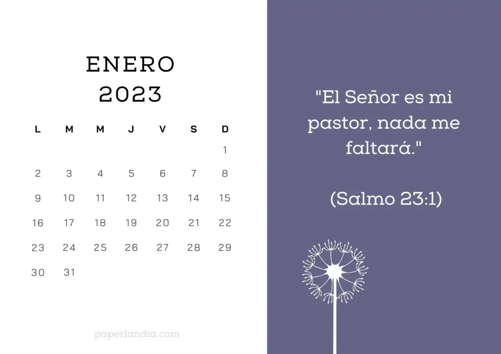 Calendario enero 2023 horizontal motivacional religioso con flor diente de león
