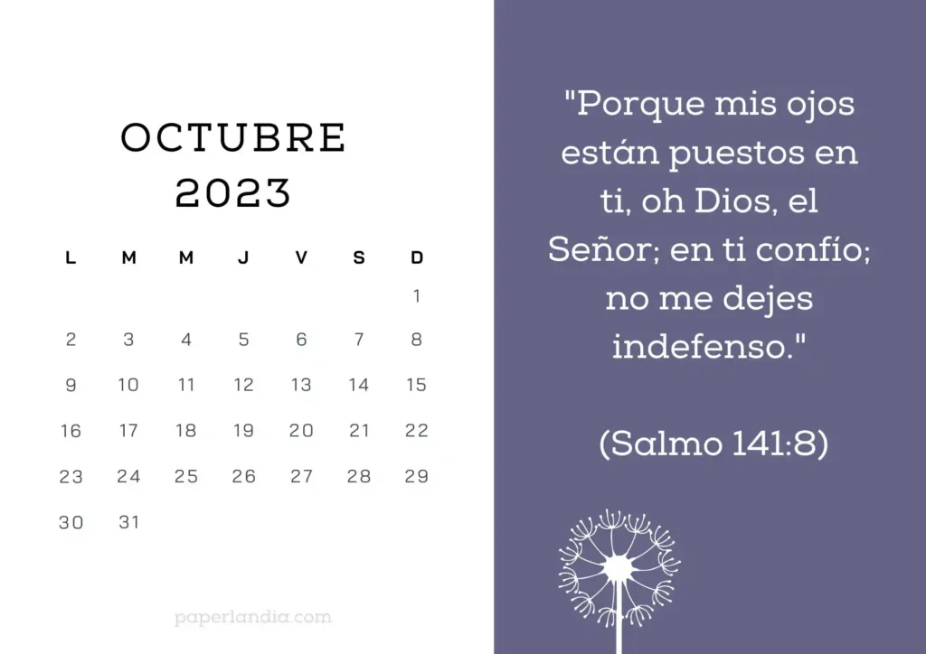 Calendario octubre 2023 horizontal motivacional religioso con flor diente de león