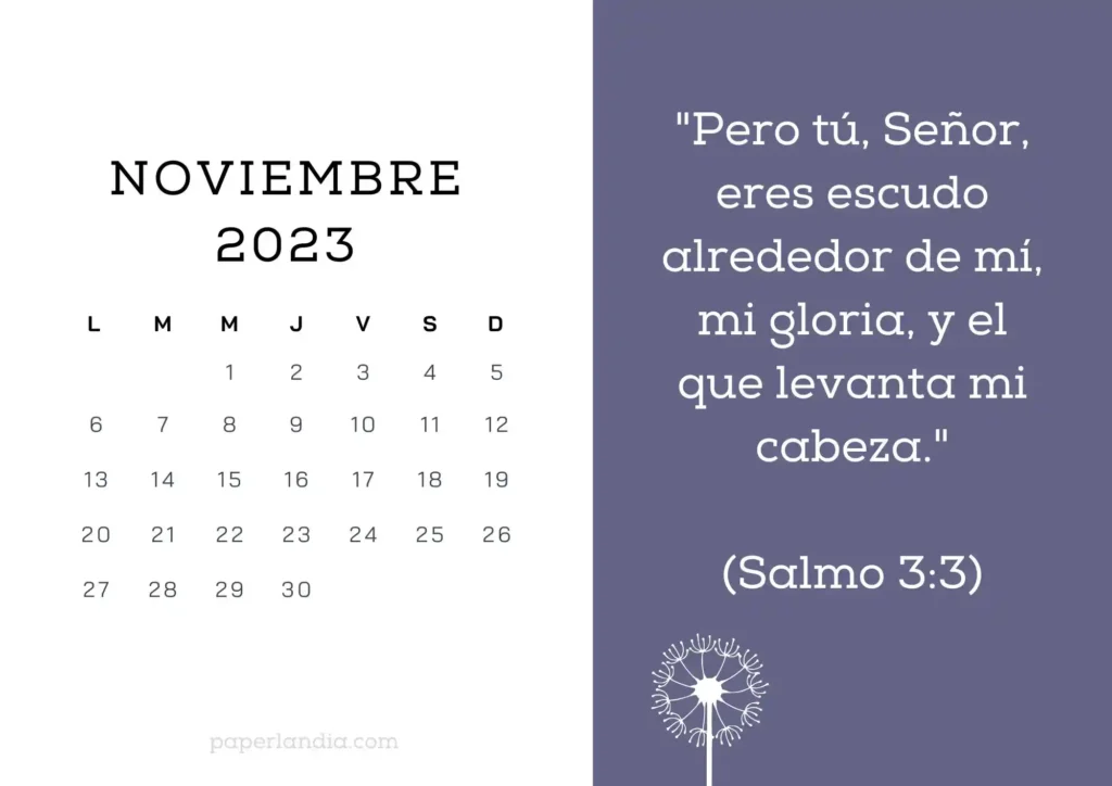 Calendario noviembre 2023 horizontal motivacional religioso con flor diente de león