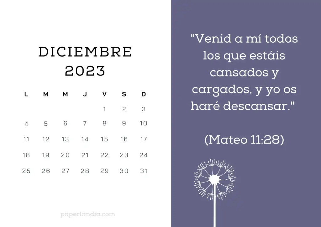 Calendario diciembre 2023 horizontal motivacional religioso con flor diente de león