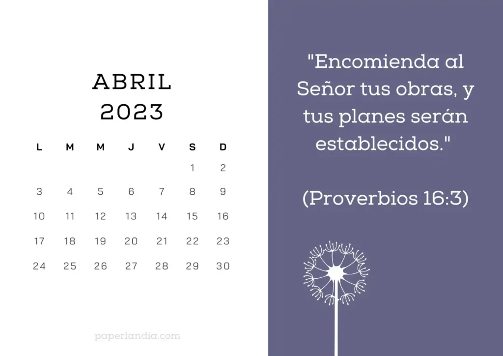 Calendario abril 2023 horizontal motivacional religioso con flor diente de león