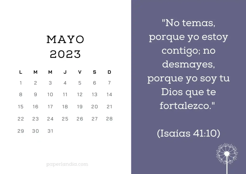 Calendario mayo 2023 horizontal motivacional religioso con flor diente de león