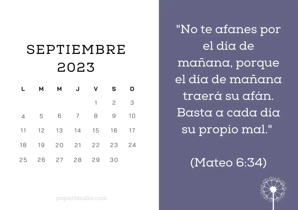 Calendario septiembre 2023 horizontal motivacional religioso con flor diente de león