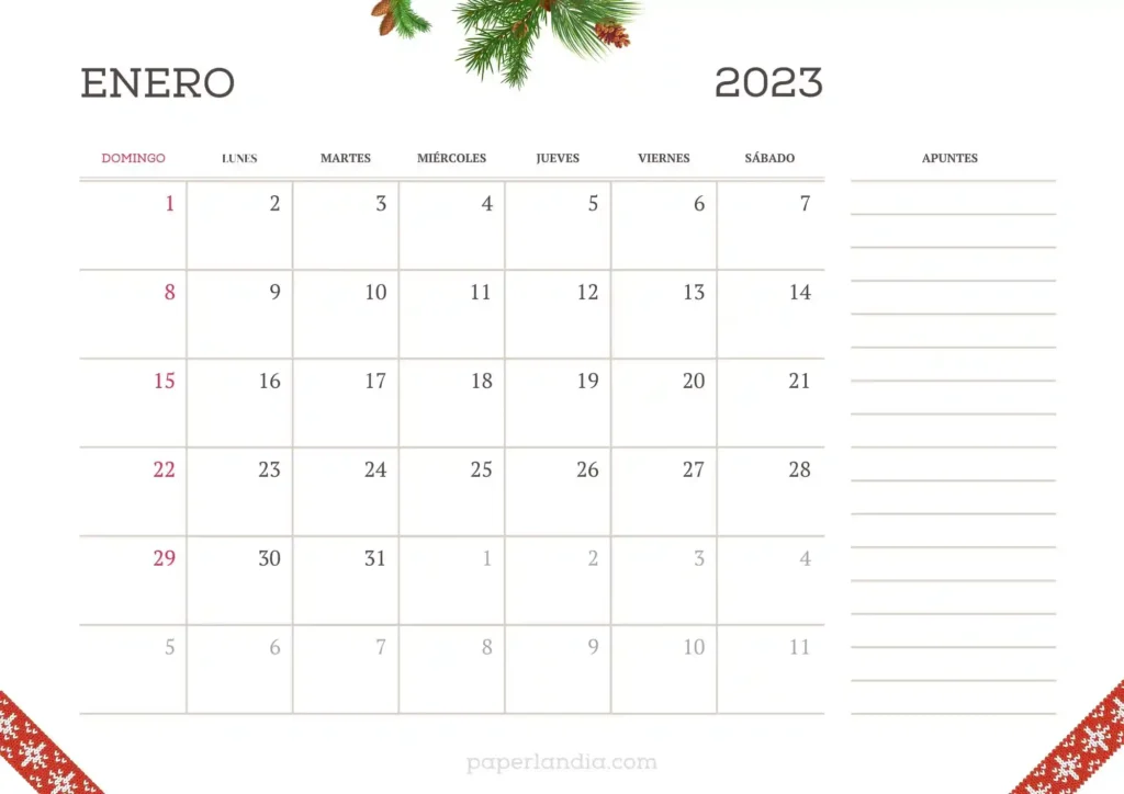 Calendario enero 2023 horizontal primer día domingo