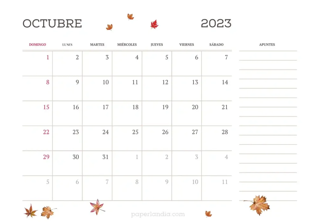 Calendario 2023 horizontal mensual con notas y hojas