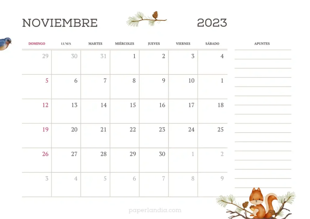 Calendario noviembre 2023 horizontal primer día domingo