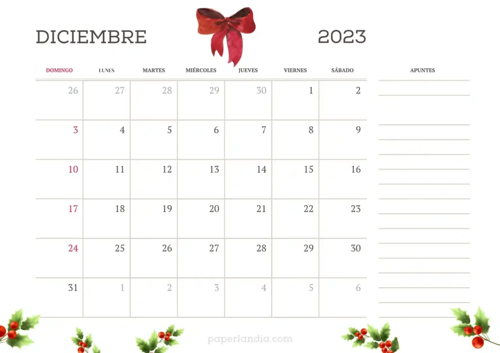 Calendario diciembre 2023 horizontal primer día domingo