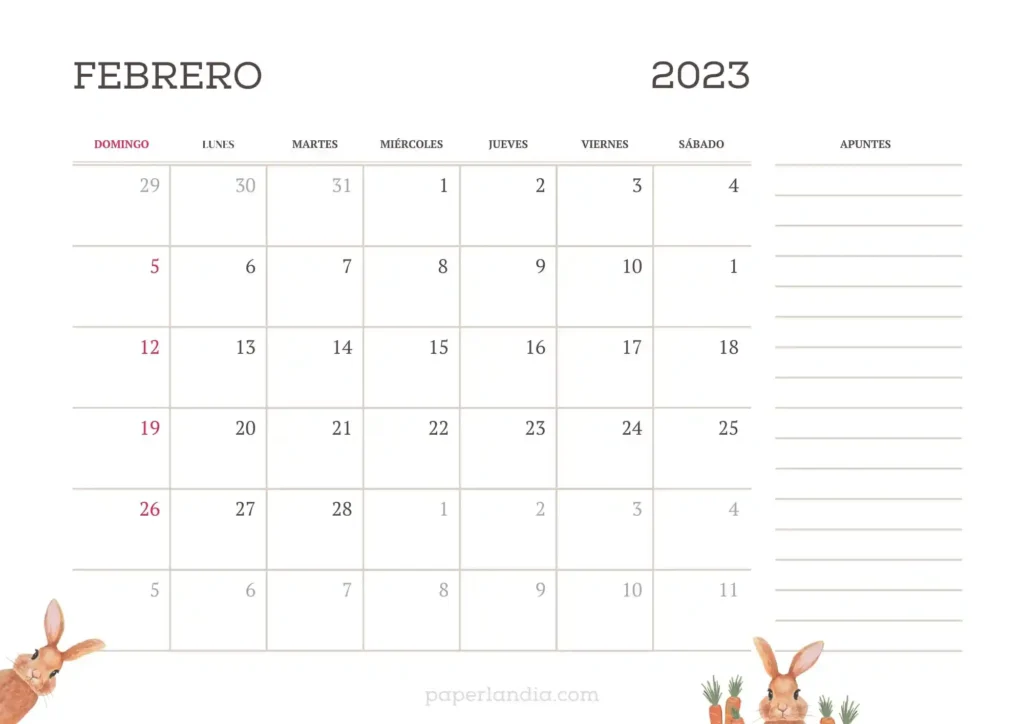 Calendario febrero 2023 horizontal primer día domingo