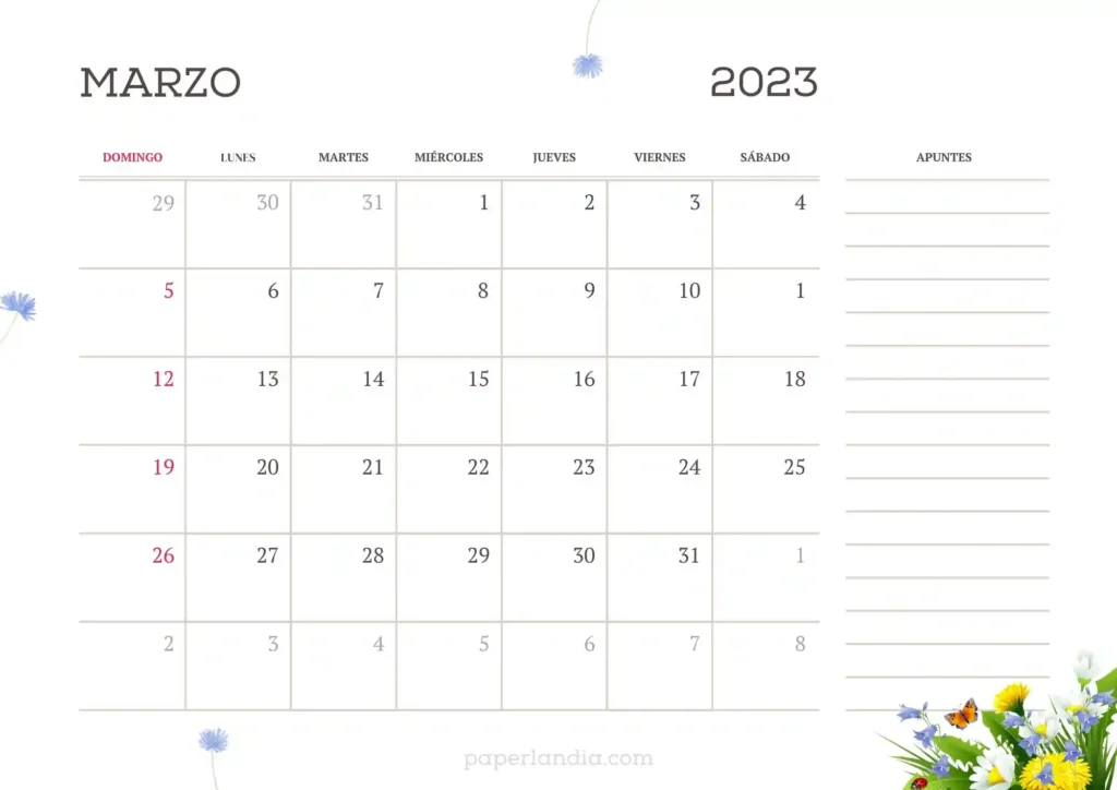 Calendario marzo 2023 horizontal primer día domingo