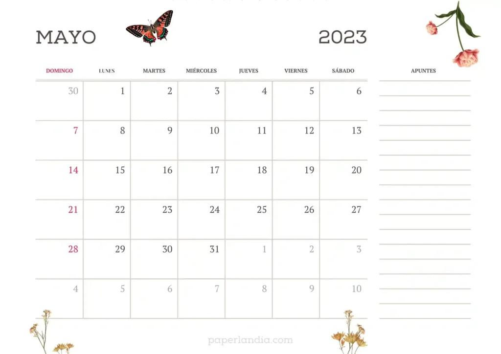Calendario mayo 2023 horizontal primer día domingo