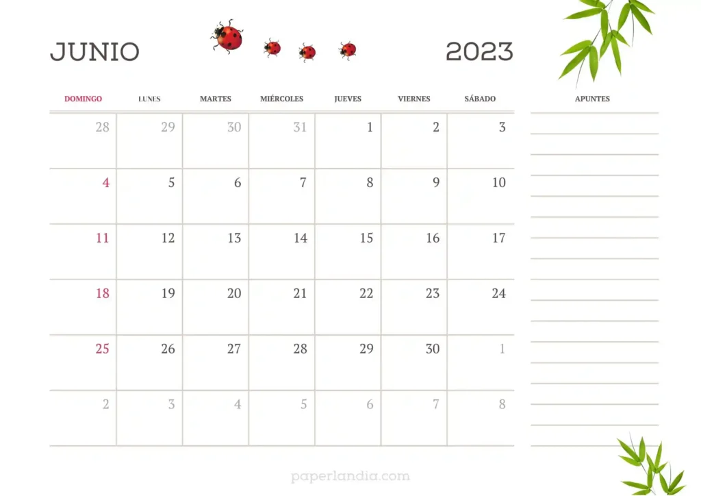Calendario junio 2023 horizontal primer día domingo