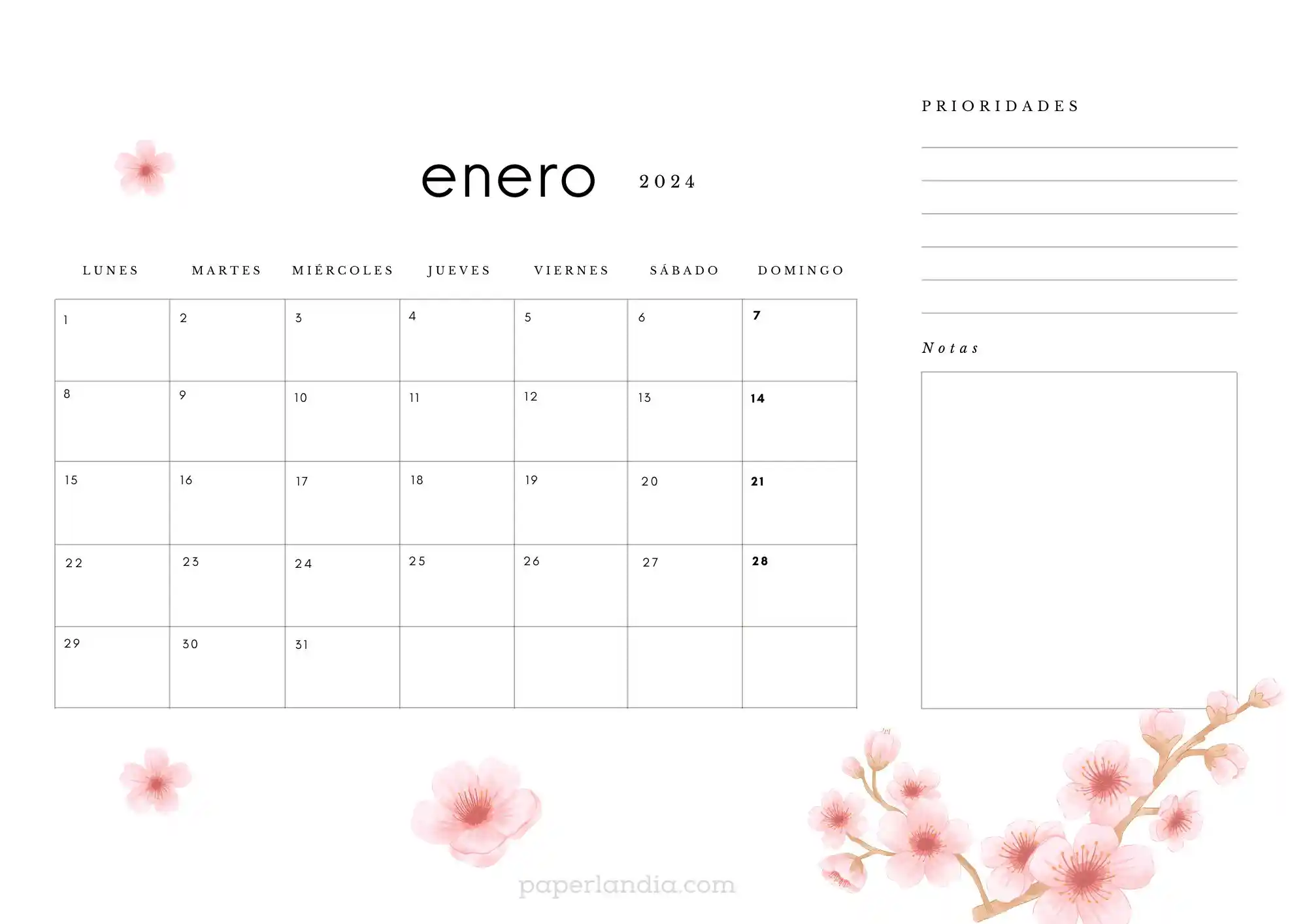 Calendario enero 2024 horizontal con flores de cerezo