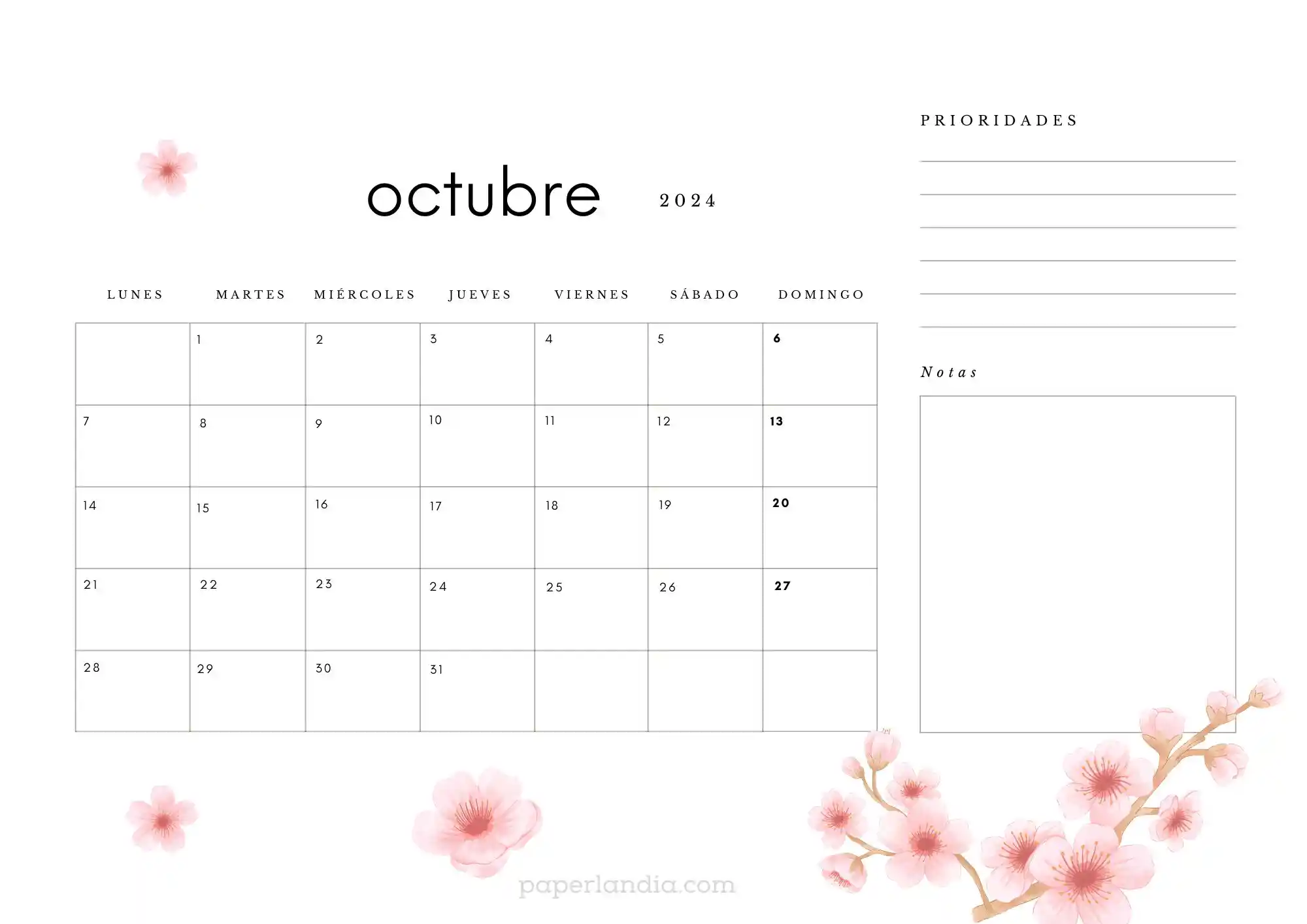 Calendario octubre 2024 horizontal con flores de cerezo