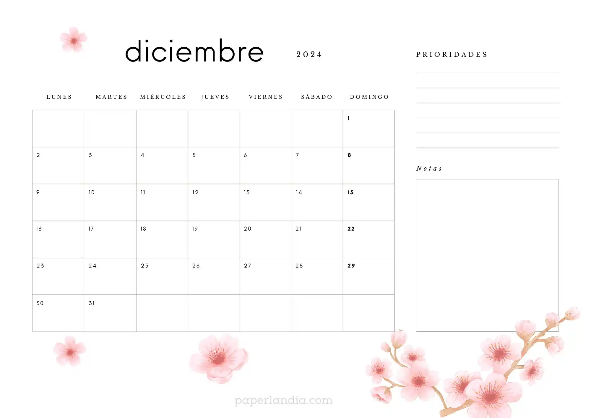 Calendario diciembre 2024 horizontal con flores de cerezo