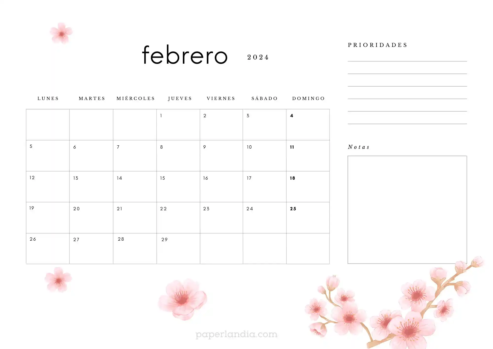 Calendario febrero 2024 horizontal con flores de cerezo