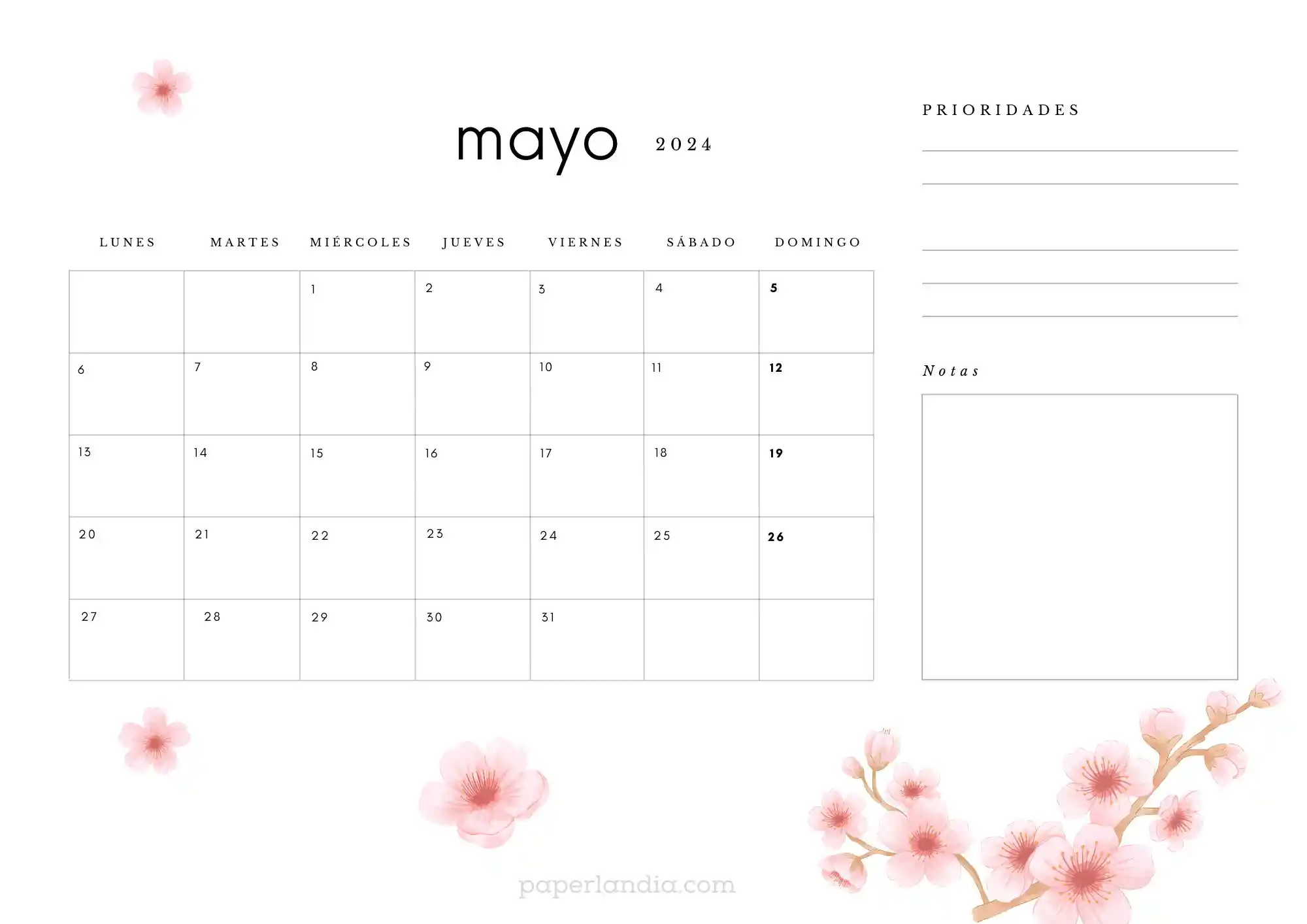 Calendario mayo 2024 horizontal con flores de cerezo