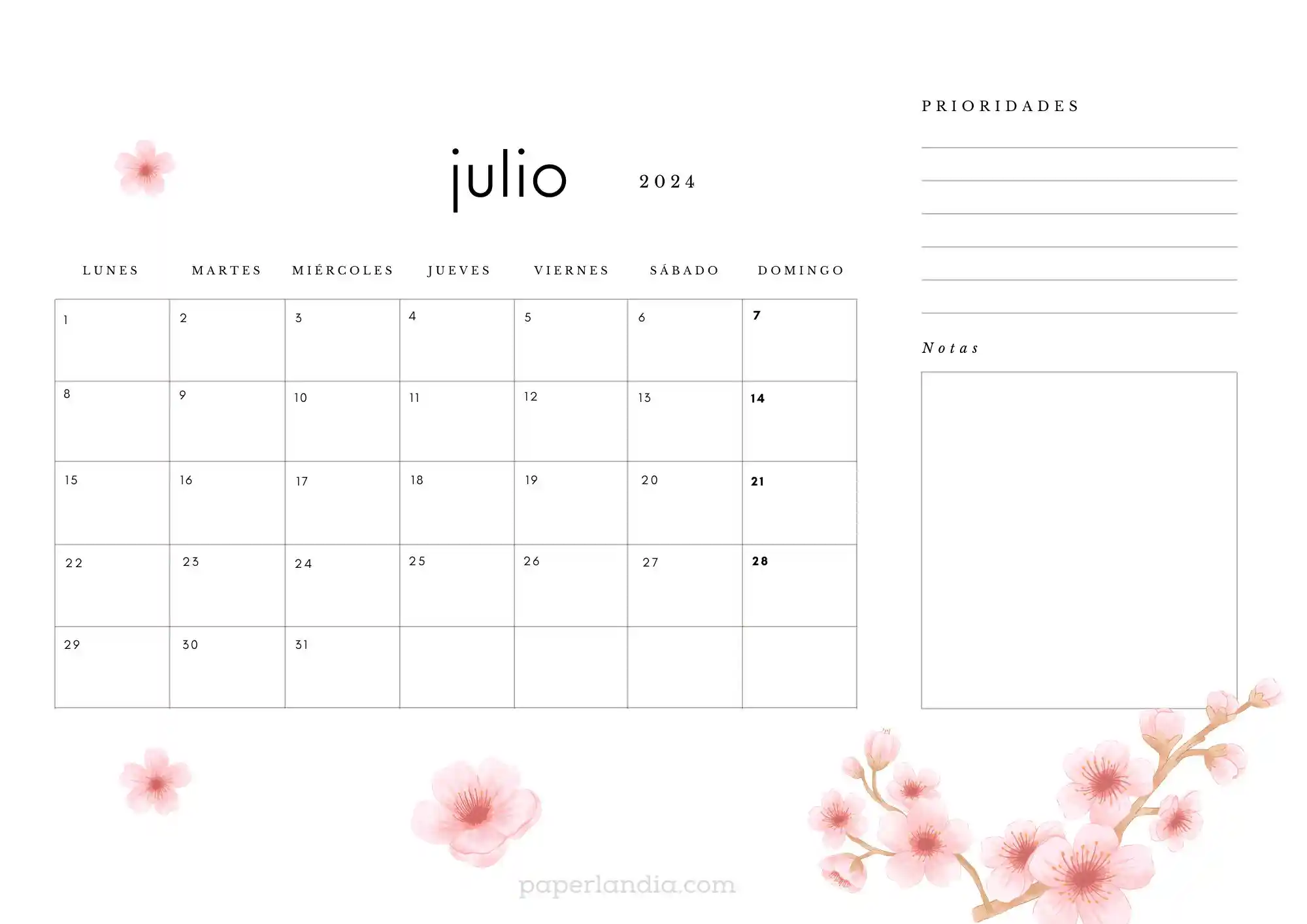 Calendario julio 2024 horizontal con flores de cerezo