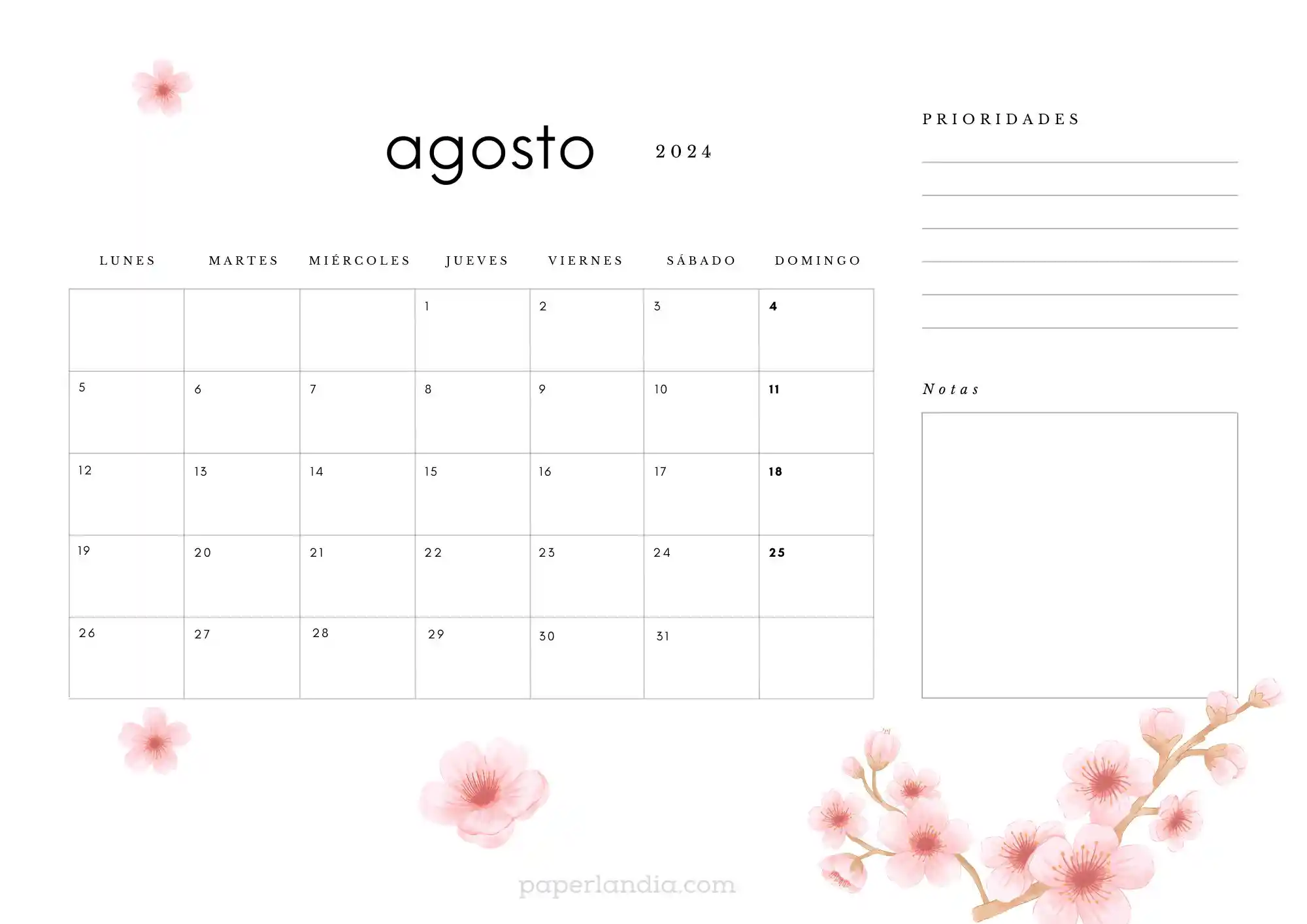 Calendario agosto 2024 horizontal con flores de cerezo