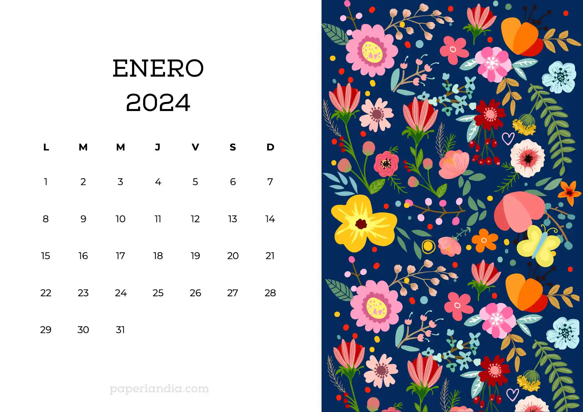Calendario enero 2024 horizontal con flores escandinavas fondo azul