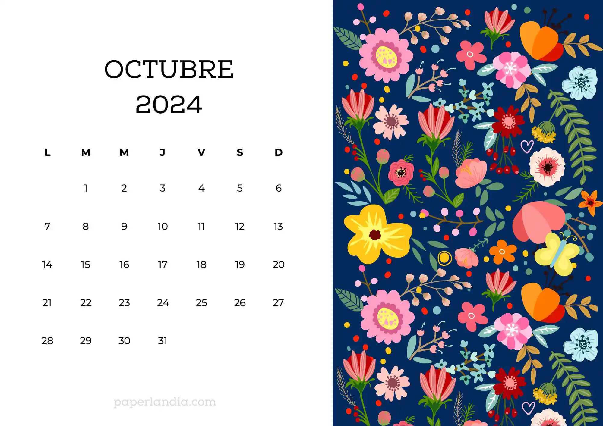 Calendario octubre 2024 horizontal con flores escandinavas fondo azul