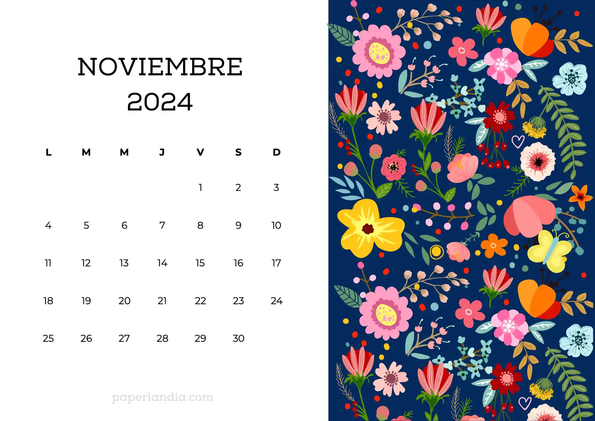 Calendario noviembre 2024 horizontal con flores escandinavas fondo azul