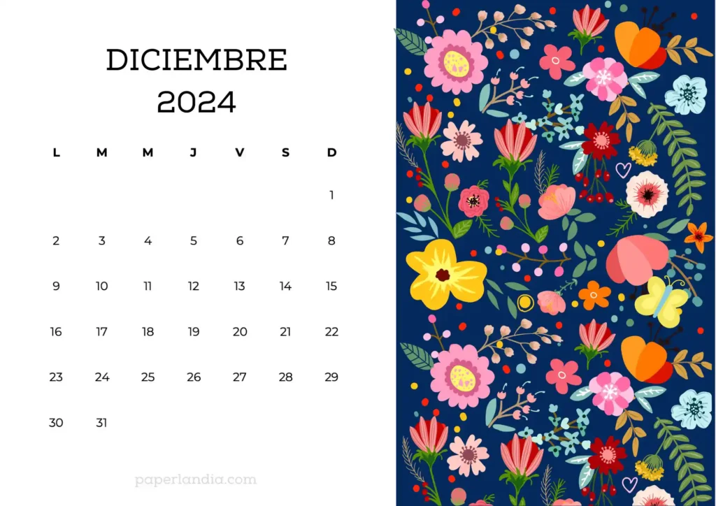 Calendario 2024 horizontal con flores escandinavas fondo azul (mes 1)
