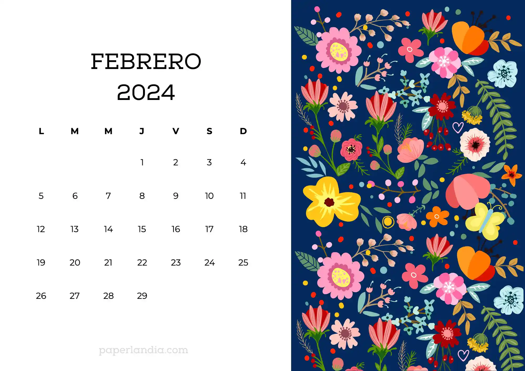 Calendario febrero 2024 horizontal con flores escandinavas fondo azul