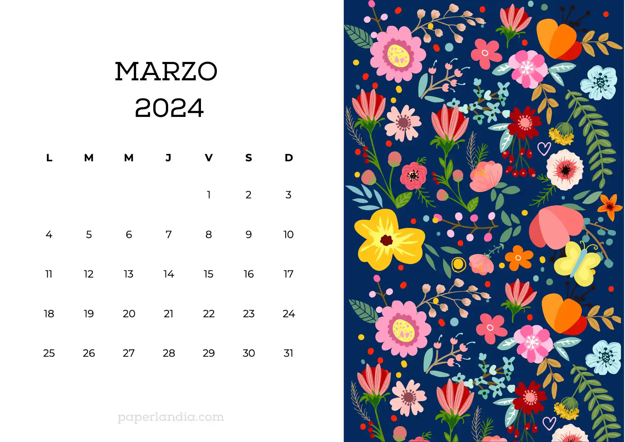 Calendario marzo 2024 horizontal con flores escandinavas fondo azul