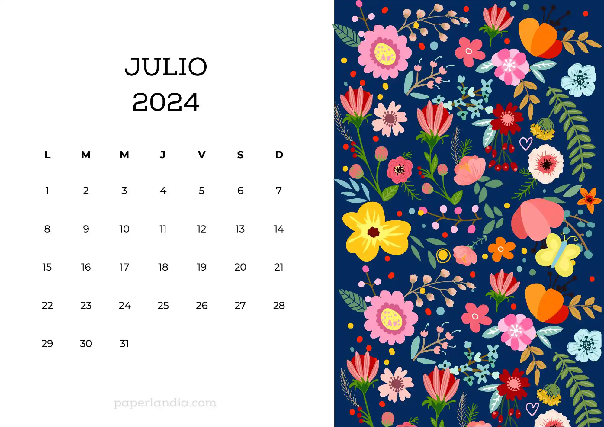 Calendario julio 2024 horizontal con flores escandinavas fondo azul
