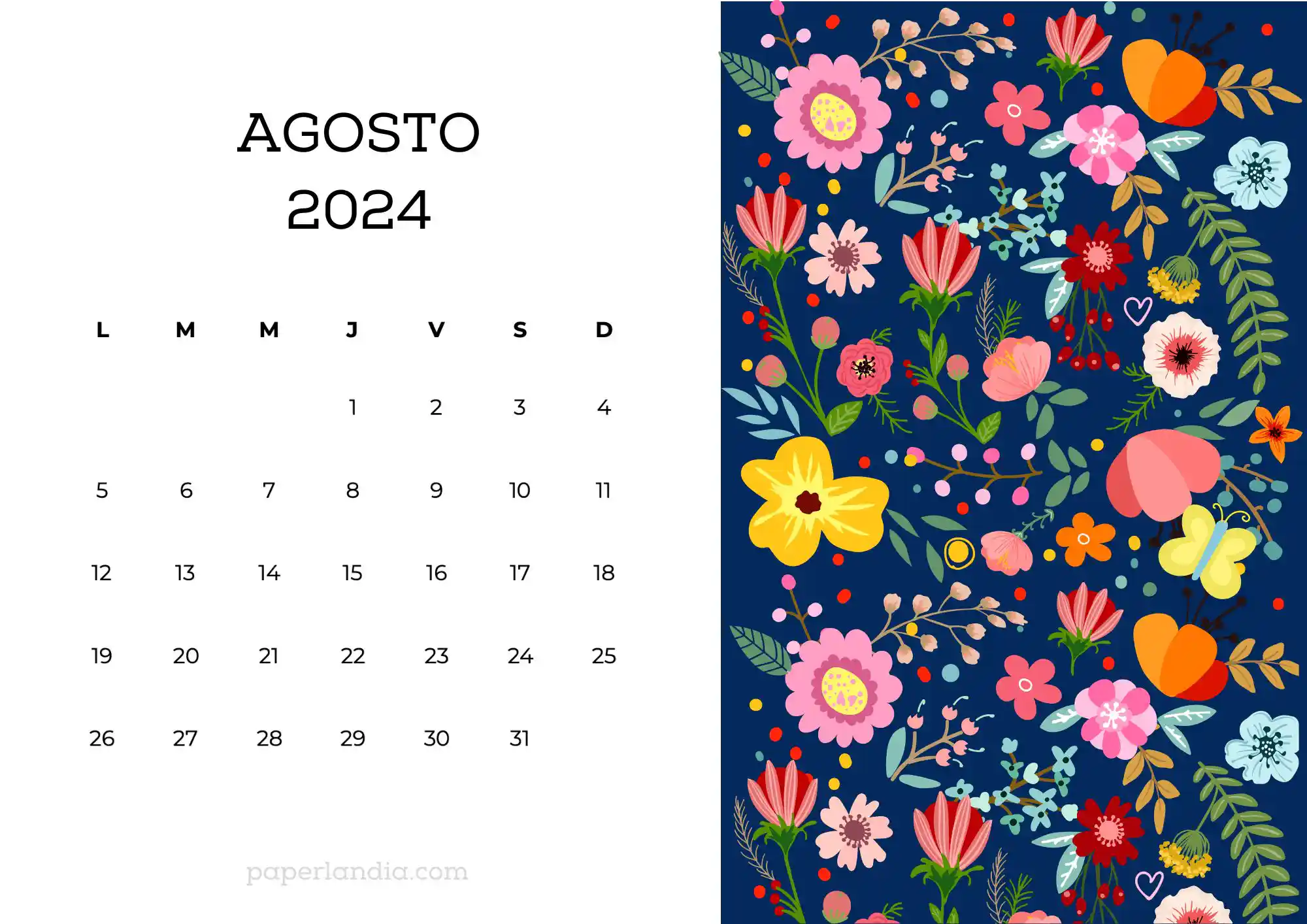 Calendario agosto 2024 horizontal con flores escandinavas fondo azul