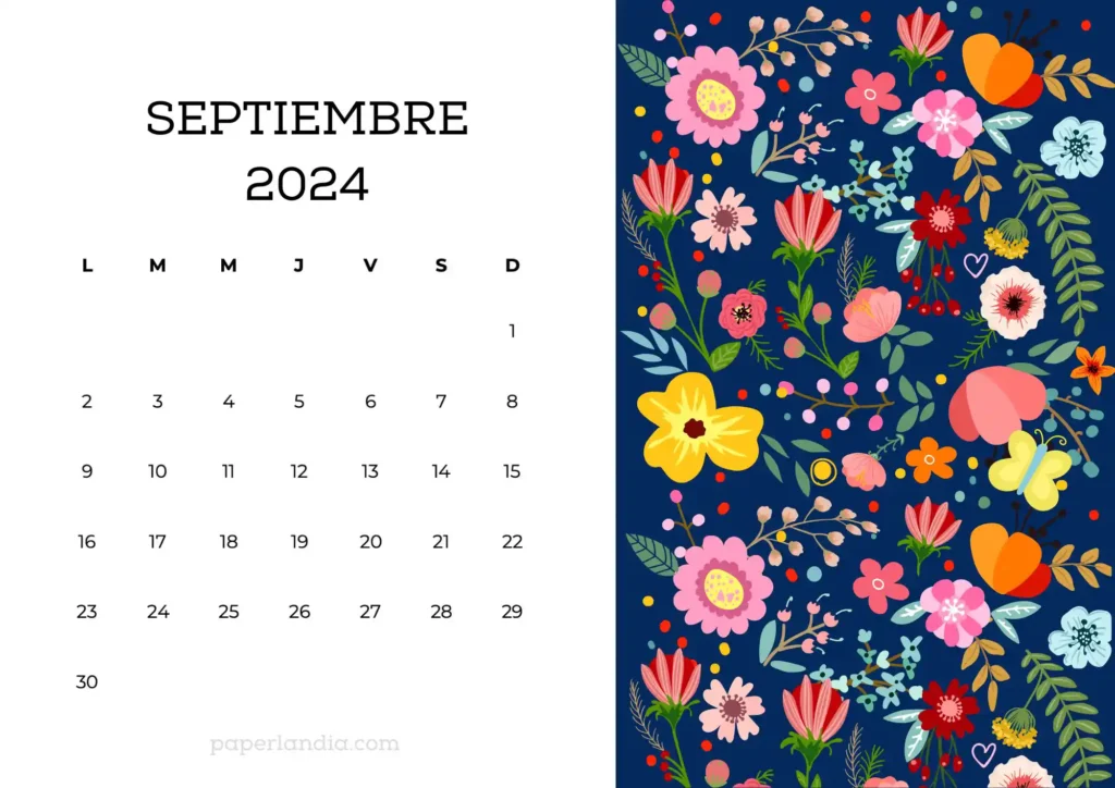 Calendario 2024 horizontal con flores escandinavas fondo azul (mes 1)