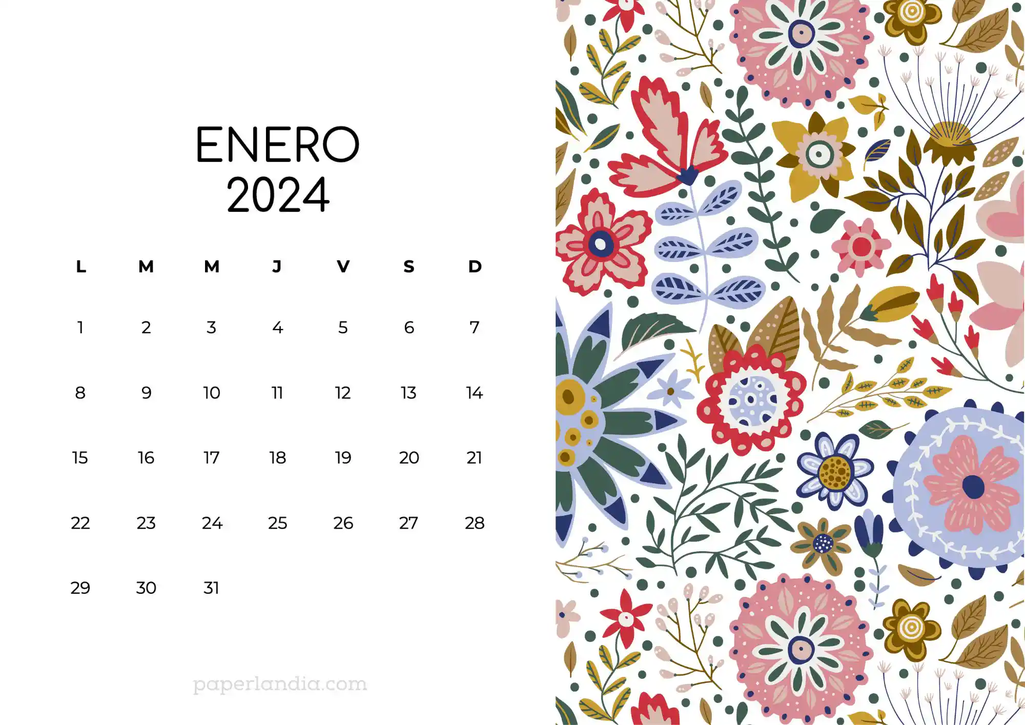 Calendario enero 2024 horizontal con flores escandinavas fondo blanco