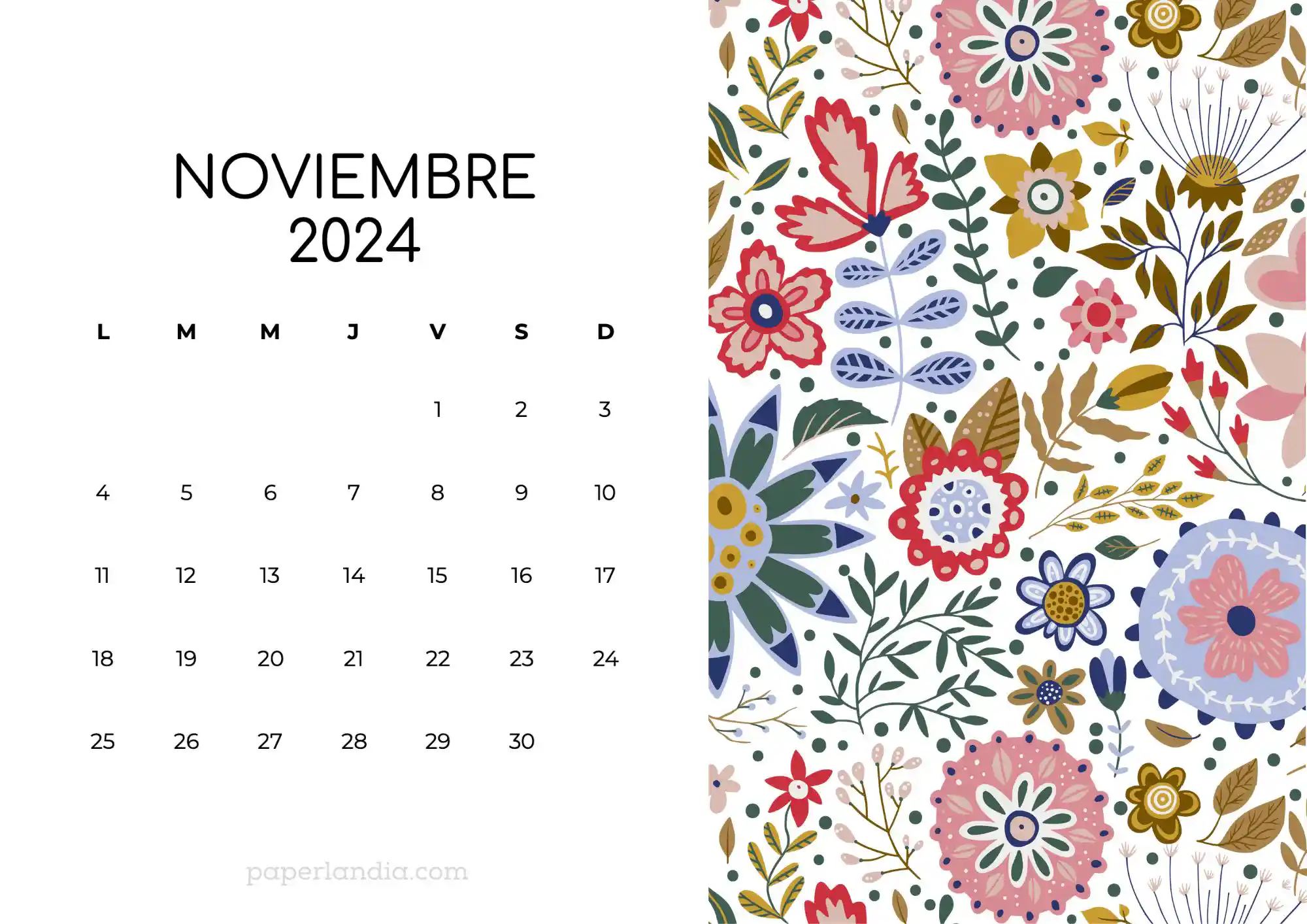 Calendario noviembre 2024 horizontal con flores escandinavas fondo blanco