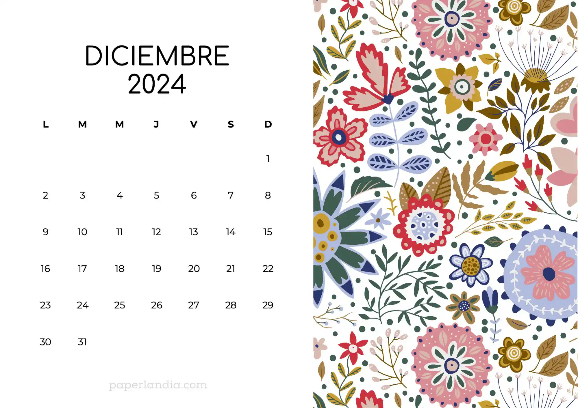 Calendario diciembre 2024 horizontal con flores escandinavas fondo blanco