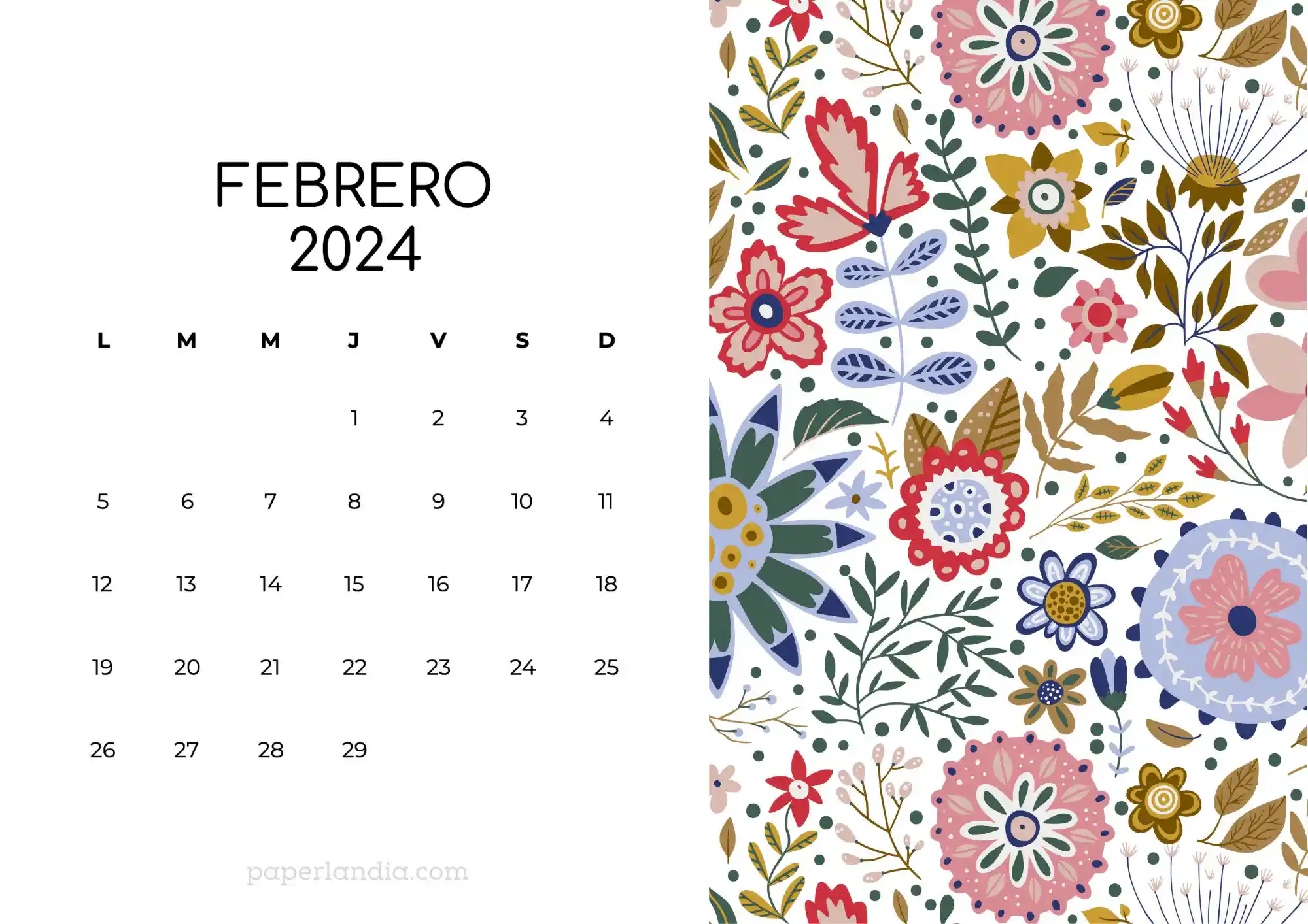 Calendario febrero 2024 horizontal con flores escandinavas fondo blanco