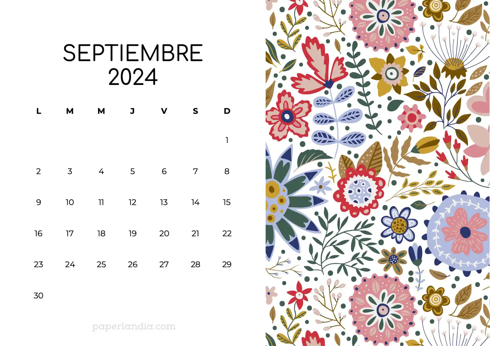 Calendario septiembre 2024 horizontal con flores escandinavas fondo blanco
